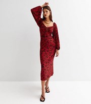 New Look Red Floral Jersey Long Sleeve Tie Front Midi Dress